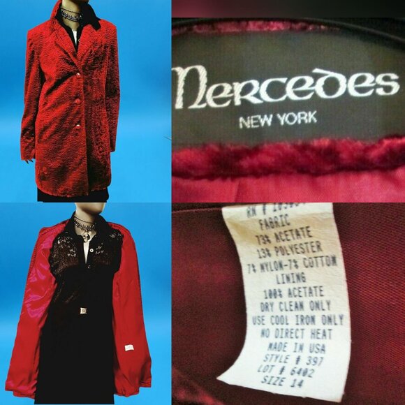 Vintage Red Velvet Textured Coat Jacket Mercedes New York Sz 14 USA Made Y2K - Picture 9 of 10